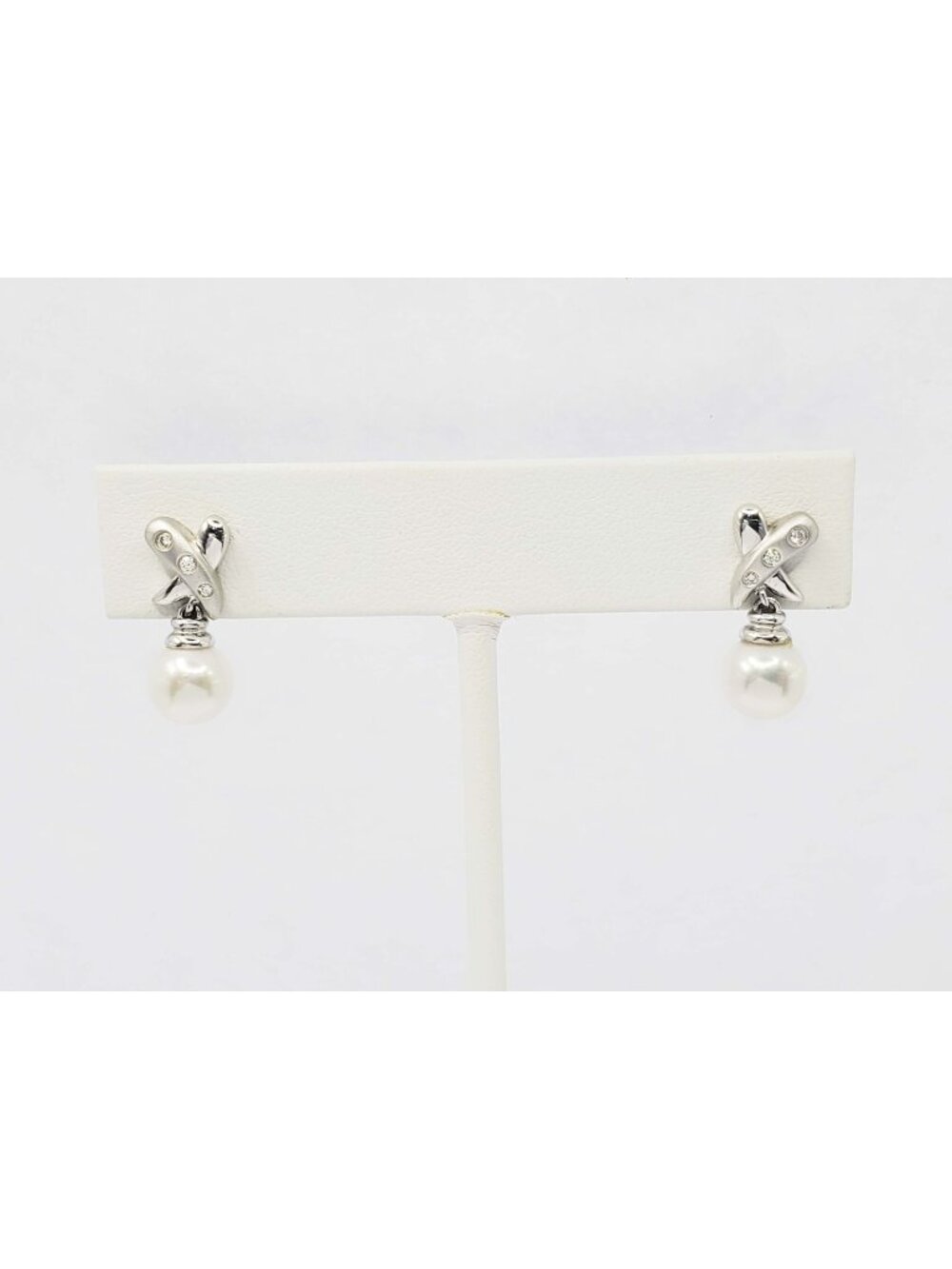 7mm Wide Pearl Bead & Diamond Accent X Drop Earrings 14k White Gold